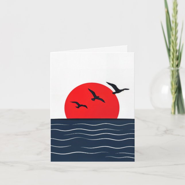 Notecard Seagulls on Red Sun in Ocean (Front)