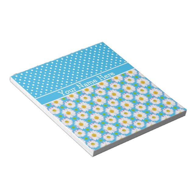 Notepad to Personalise: Polkas, Daisies on Blue (Angled)