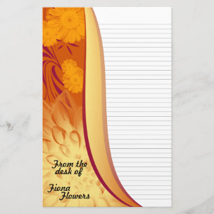 Notepaper Stationery Lined, Orange Yellow Flowers
