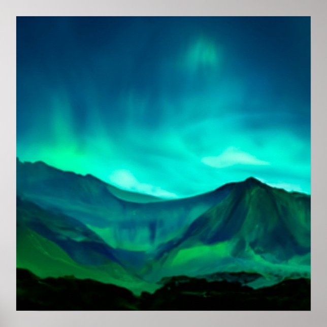 Nothern Lights Mountains Green Poster (Front)