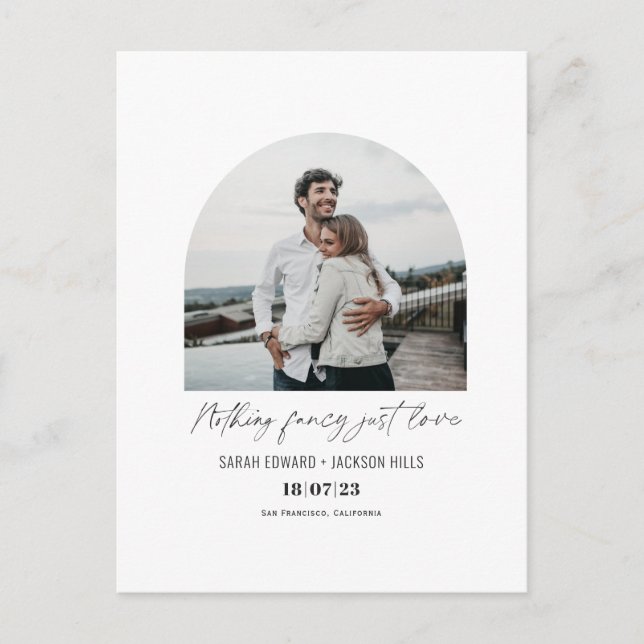 Nothing fancy just love arched photo elopement announcement postcard (Front)