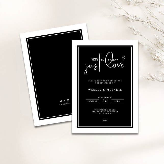 Nothing Fancy Just Love Black Elegant Wedding Invitation (Nothing fancy just love minimalist wedding invitation in black and white colors)