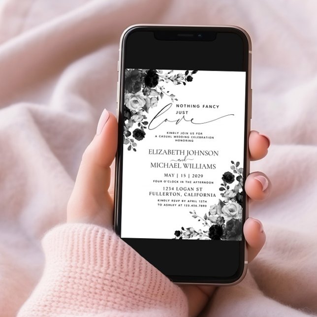 Nothing Fancy Just Love Black Flowers Wedding Invitation (Creator Uploaded)