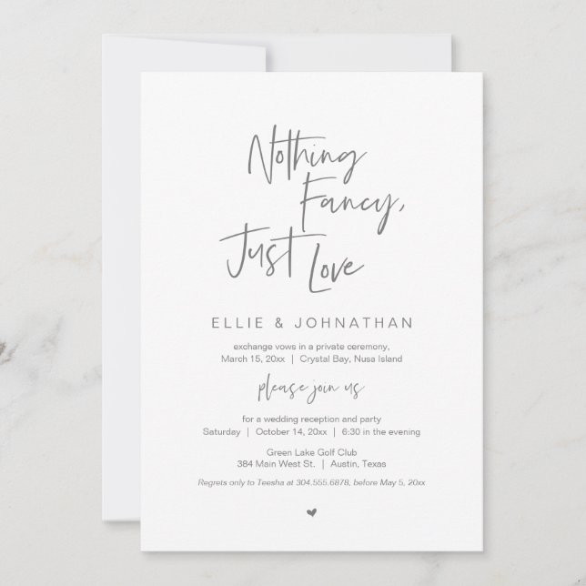 Nothing Fancy Just Love, Black, Wedding Elopement  Invitation (Front)