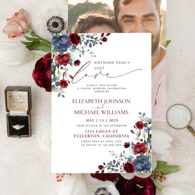Nothing Fancy Just Love Blue Burgundy Casual Photo Invitation (Creator Uploaded)