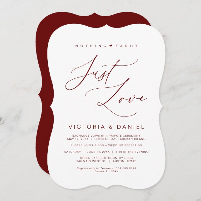 Nothing Fancy Just Love, Burgundy, Wed Elopement Invitation (Front/Back)