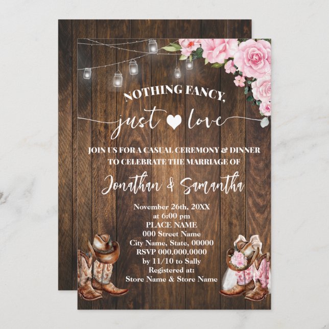 Nothing Fancy Just Love Casual Pink Barn Wedding Invitation (Front/Back)