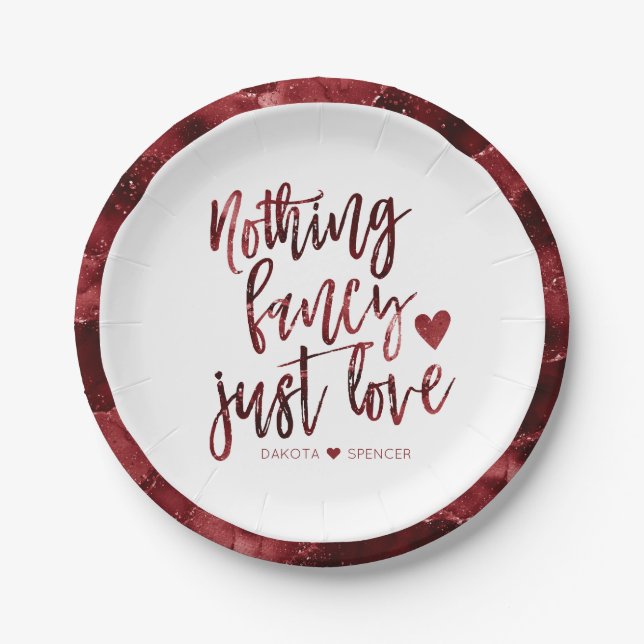 Nothing Fancy Just Love | Dark Crimson Red Wedding Paper Plate (Front)