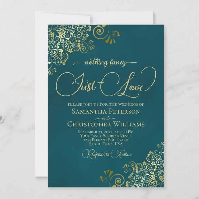 Nothing Fancy Just Love Deep Teal & Gold Wedding Invitation (Front)