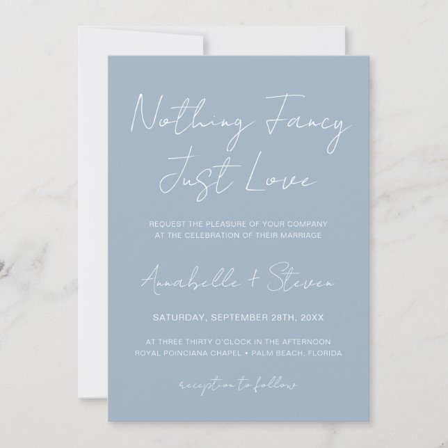 Nothing Fancy Just Love Dusty Blue Wedding Photo Invitation (Front)