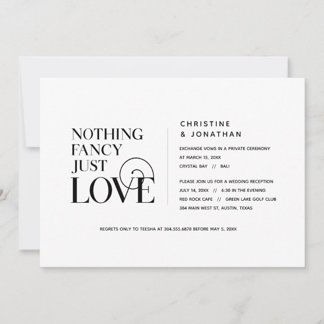 Nothing Fancy, Just Love, Elegant Black, Elopement Invitation (Front)