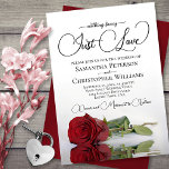 Nothing Fancy Just Love Elegant Red Rose Wedding Invitation<br><div class="desc">This beautiful wedding invitation features a single romantic long-stemmed red rose lying on its side reflecting in a pool of water. The heading is written in fancy script lettering and reads: Nothing Fancy, Just love. This invite is the perfect combination of modern and timeless - it's both classy and whimsical...</div>