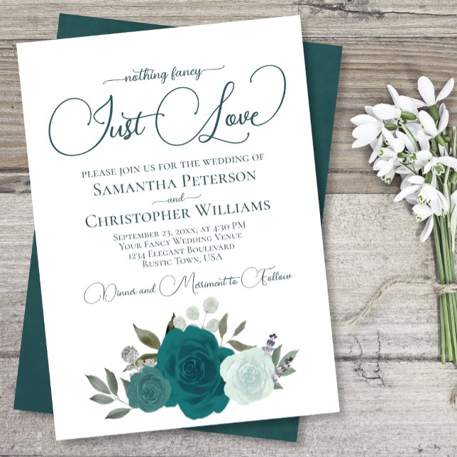 Nothing Fancy Just Love Elegant Teal Roses Wedding Invitation (Creator Uploaded)