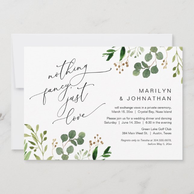Nothing Fancy, Just Love, Elopement, Greenery Invitation (Front)