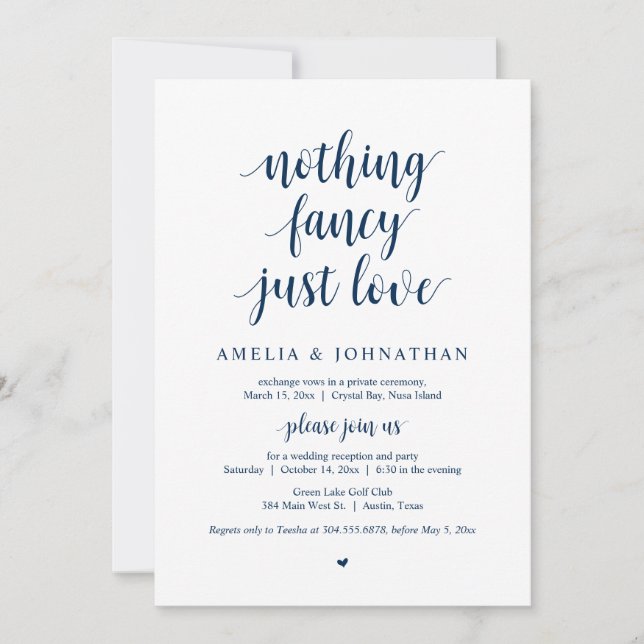 Nothing Fancy Just Love, Elopement, Navy Blue Invitation (Front)