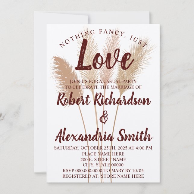 Nothing Fancy Just Love Elopement Pampas Grass Invitation (Front)
