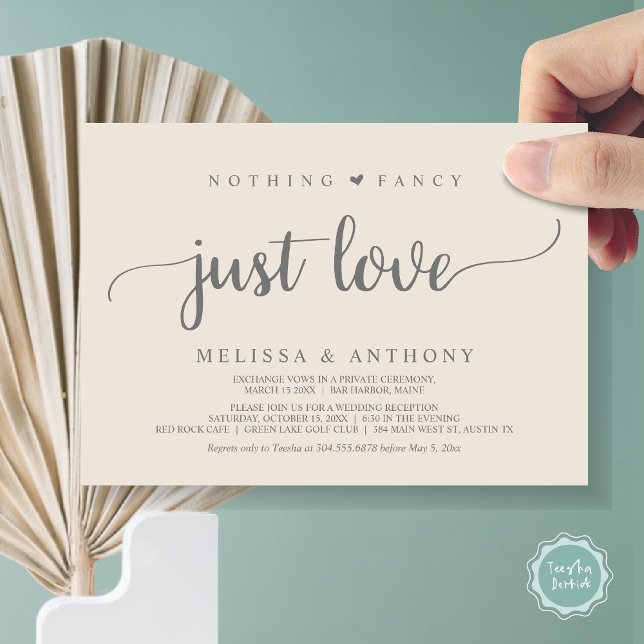 Nothing Fancy Just Love, Elopement, Rustic Wedding Invitation (Nothing Fancy Just Love, Elopement, Rustic Script Wedding Invitation Card, in Grey Cream)