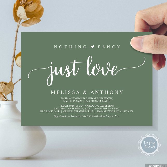 Nothing Fancy Just Love, Elopement, Rustic Wedding Invitation (Nothing Fancy Just Love, Elopement, Rustic Script Wedding Invitation Card, in Forest Sage Green)
