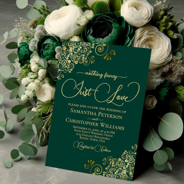 Nothing Fancy Just Love Emerald & Gold Wedding Invitation (Creator Uploaded)