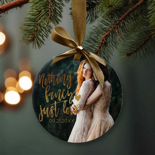 Nothing Fancy Just Love | Gold Heart Wedding Photo Ceramic Ornament (Creator Uploaded)