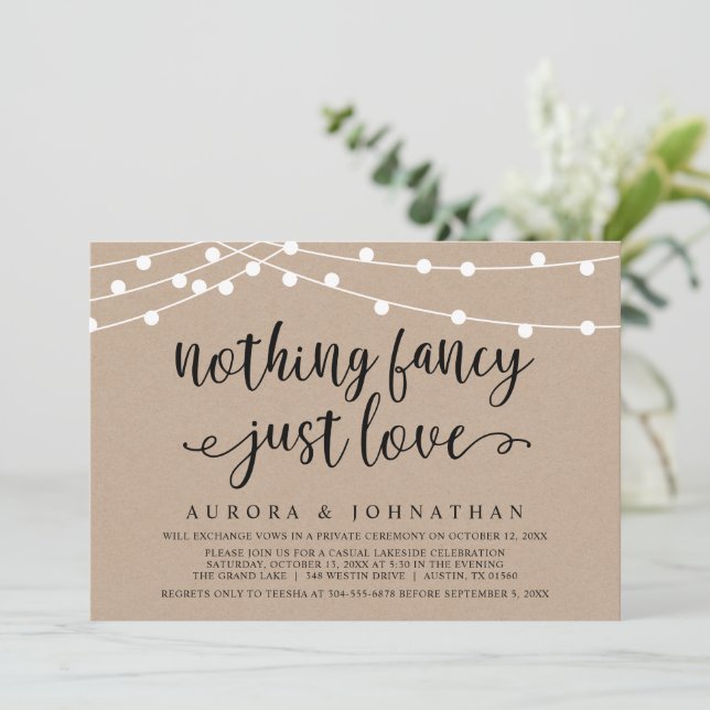 Nothing Fancy, Just Love, Kraft Wedding Elopement  Invitation (Standing Front)