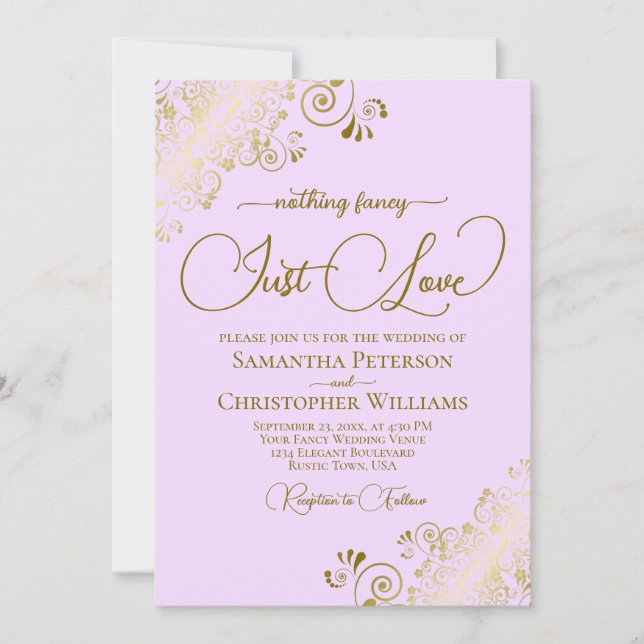 Nothing Fancy Just Love Lilac & Gold Wedding Invitation (Front)