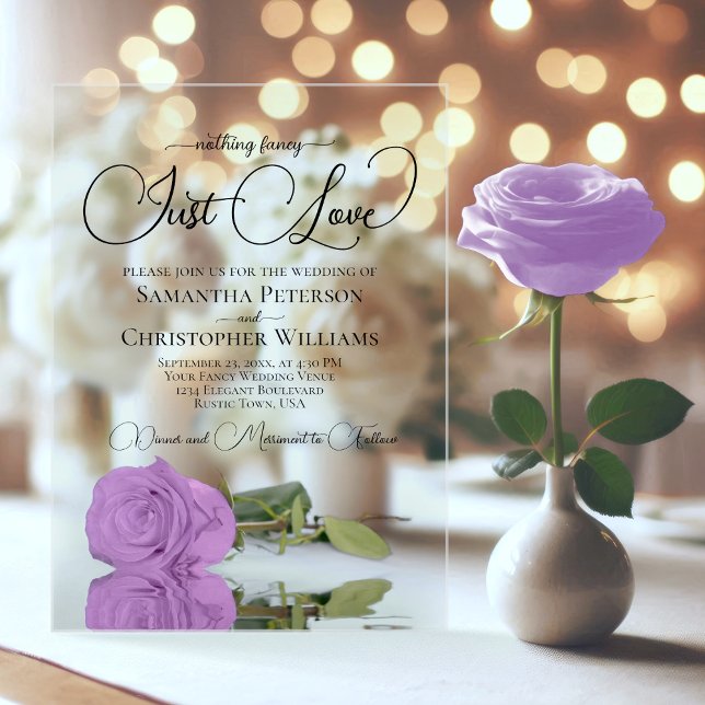 Nothing Fancy Just Love Lilac Purple Rose Wedding Acrylic Invitations (Clear Acrylic with Rectangle Cut)