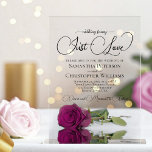 Nothing Fancy Just Love Magenta Plum Rose Wedding Acrylic Invitations<br><div class="desc">These stunning acrylic wedding invitations feature a beautiful modern floral design with a single long stemmed magenta plum or cassis purple coloured rose reflecting or mirrored in a pool of water. The background is clear so you can see through the invitation. The elegant text features script lettering with fancy tails...</div>