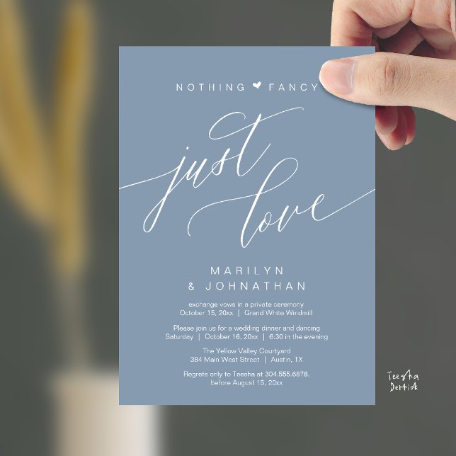 Nothing Fancy Just Love Minimalist Wedding Dinner Invitation (Nothing Fancy Just Love Modern Wedding Reception Dinner Invitation Card in Dusty Blue)