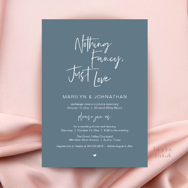 Nothing Fancy Just Love Minimalist Wedding Dinner Invitation (Nothing Fancy Just Love Minimalist Wedding Dinner Invitation Card in Dark Dusty Blue)
