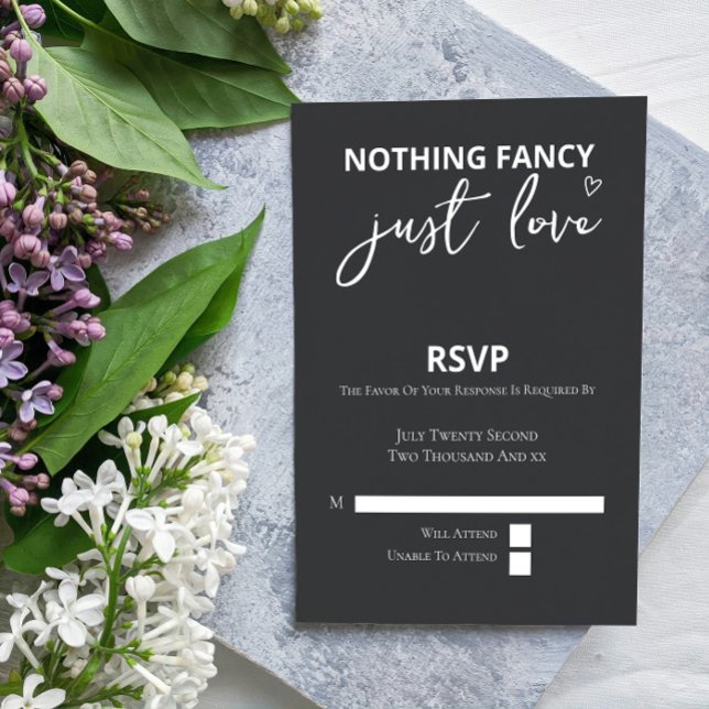 Nothing Fancy Just Love Minimalist Wedding RSVP Card (Nothing Fancy Just Love Minimalist Wedding RSVP Cards from Ricaso. Modern dark grey & white design)