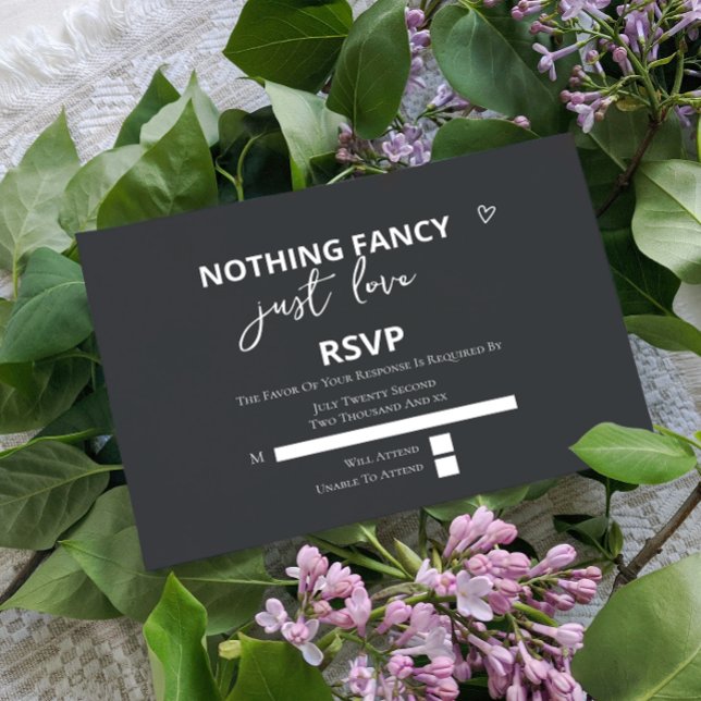 Nothing Fancy Just Love Minimalist Wedding RSVP Card (Nothing Fancy Just Love Minimalist Wedding RSVP Cards from Ricaso. Grey & white modern design)