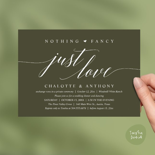 Nothing Fancy, Just Love, Modern Classy Reception Invitation (Modern Classy Nothing Fancy, Just Love, Wedding Reception Dinner Invitation Card in Olive Green)