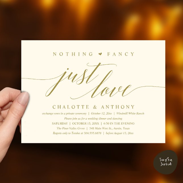 Nothing Fancy, Just Love, Modern Classy Reception Invitation (Modern Classy Nothing Fancy, Just Love, Wedding Reception Dinner Invitation Card in Yellow Gold)