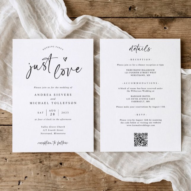 Nothing Fancy Just Love Modern Handwriting Wedding Invitation (Minimalist black and white wedding invitation with “nothing fancy, just love” handwriting)