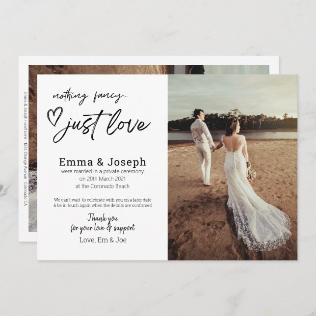 "Nothing fancy just love", Modern Minimalist Photo Announcement (Front/Back)