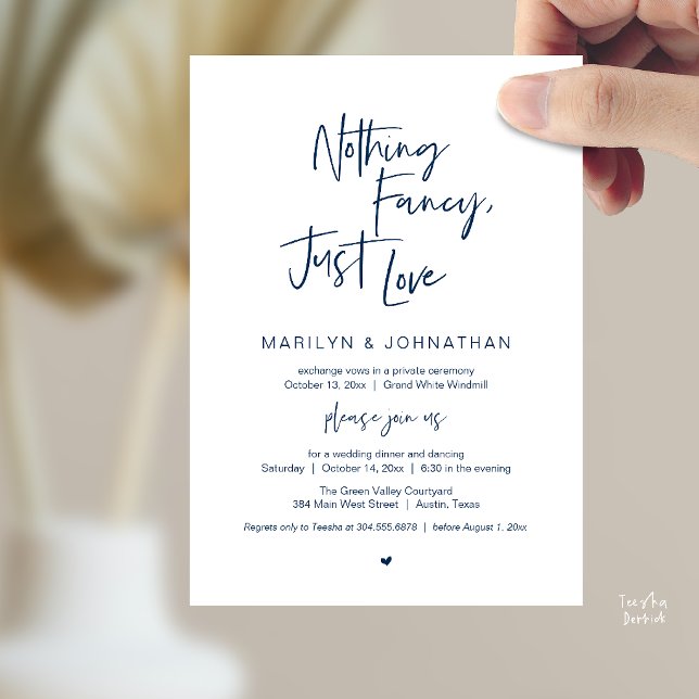 Nothing Fancy Just Love, Modern Reception Dinner  Invitation (Nothing Fancy Just Love, Modern Reception Dinner Invitation Card in Navy Blue)