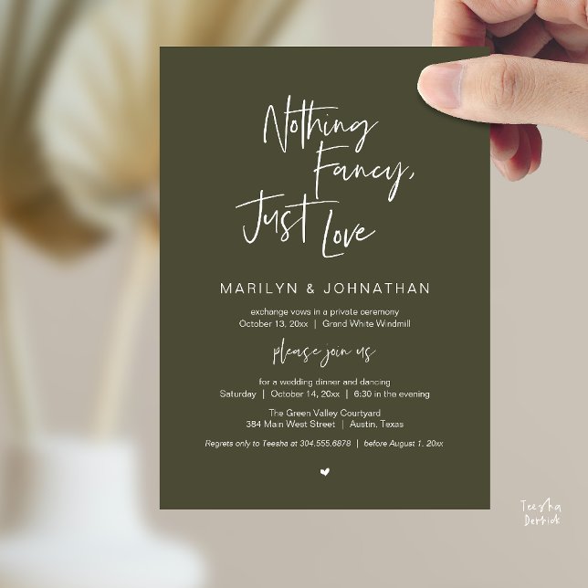 Nothing Fancy Just Love, Modern Reception Dinner  Invitation (Nothing Fancy Just Love, Modern Reception Dinner Invitation Card in Olive Green)