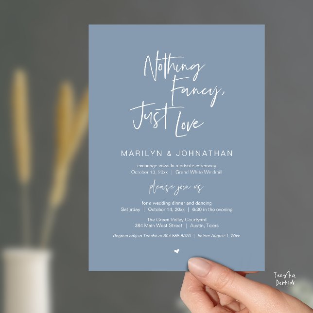 Nothing Fancy Just Love, Modern Reception Dinner  Invitation (Nothing Fancy Just Love, Modern Reception Dinner Invitation Card in Dusty Blue)