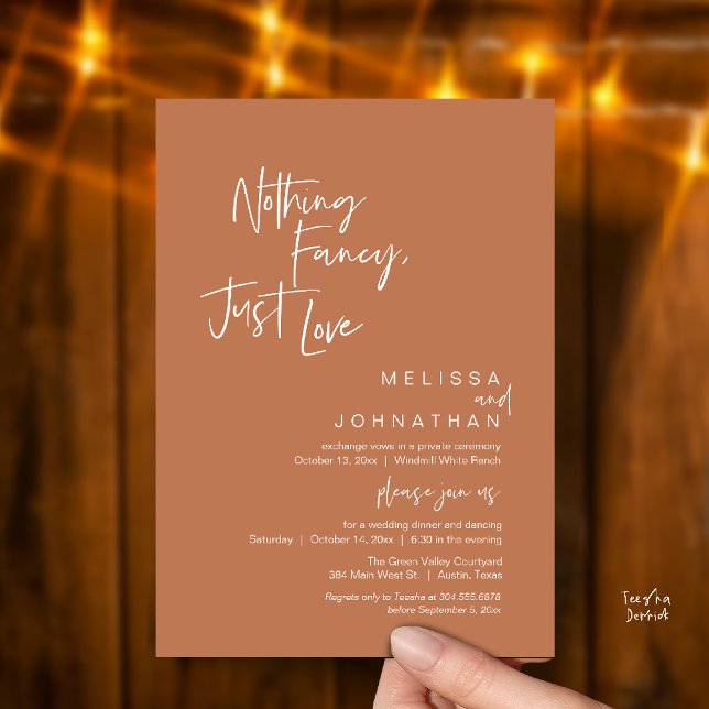 Nothing Fancy Just Love, Modern Wedding Dinner Invitation (Nothing Fancy Just Love, Modern Wedding Reception Dinner Lunch Brunch Invites Card in Copper Brown)