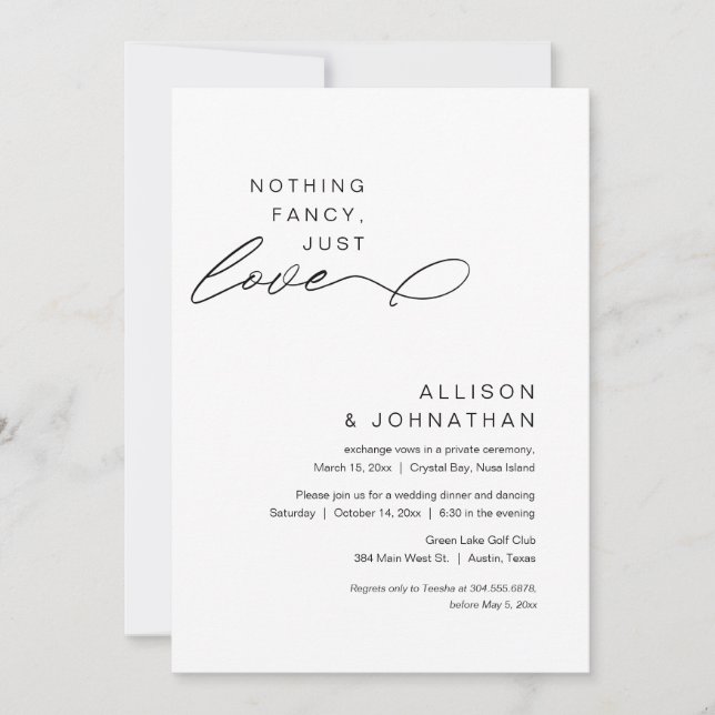 Nothing Fancy, Just Love, Modern Wedding Elopement Invitation (Front)