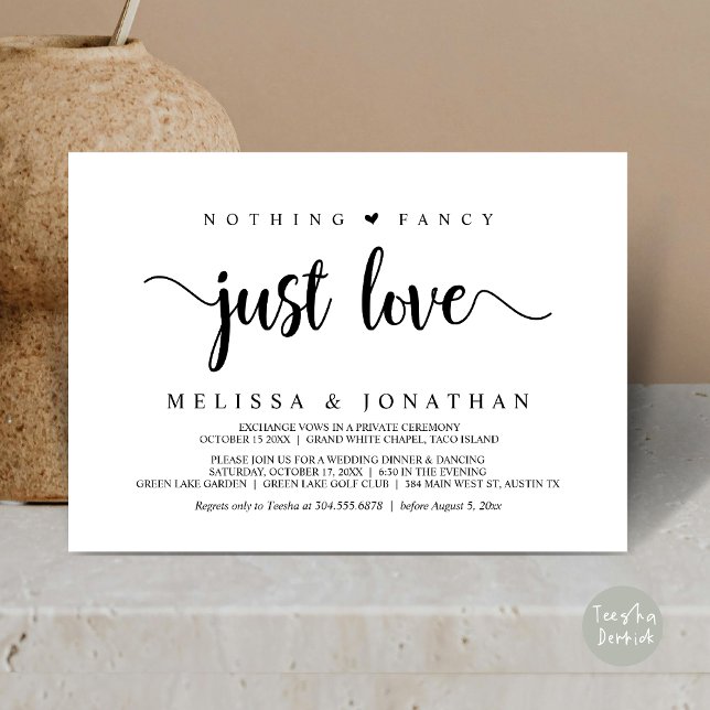 Nothing Fancy Just Love, Modern Wedding Elopement Invitation (Nothing Fancy Just Love, Modern Wedding Elopement Invitation Card, Rustic Cottage, PDF, White Black)
