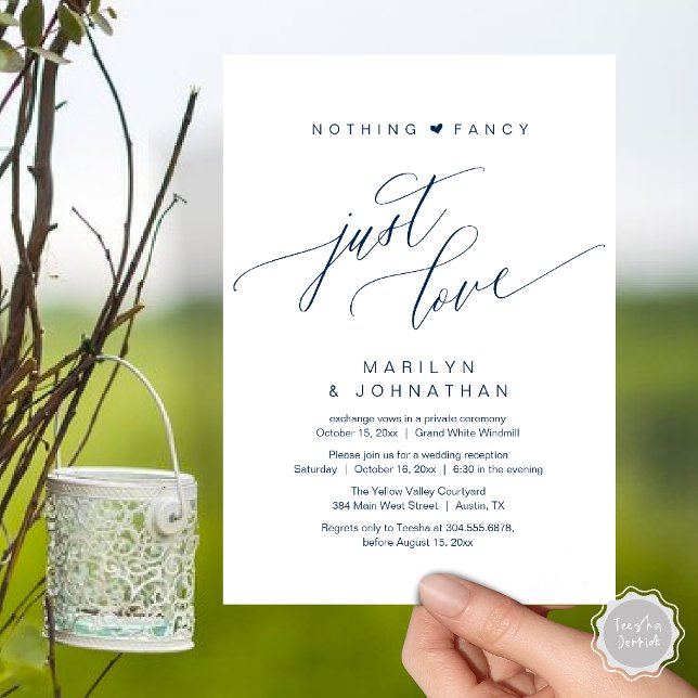 Nothing Fancy Just Love Modern Wedding Reception Invitation (Nothing Fancy Just Love Modern Wedding Reception Dinner Invitation Card in Navy Blue)