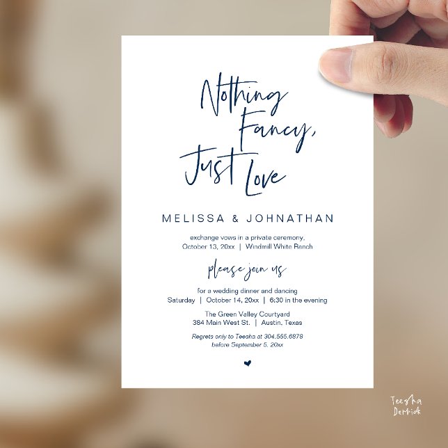 Nothing Fancy Just Love, Modern Wedding Reception Invitation (Nothing Fancy Just Love, Modern Wedding Reception Dinner Lunch Brunch Invites Card Navy Blue)