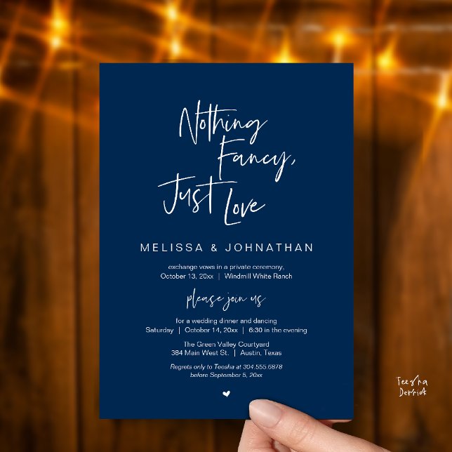 Nothing Fancy Just Love, Modern Wedding Reception Invitation (Nothing Fancy Just Love, Modern Wedding Reception Dinner Lunch Brunch Invites Card Navy Blue)