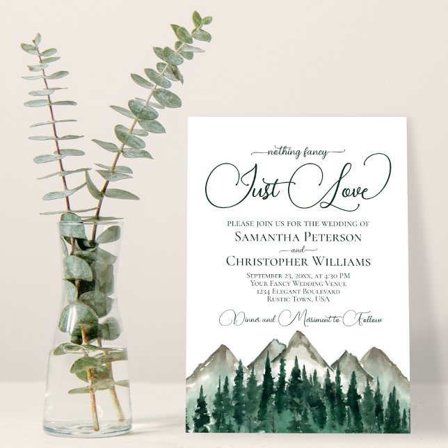 Nothing Fancy Just Love Mountains & Pine Wedding Invitation (Creator Uploaded)
