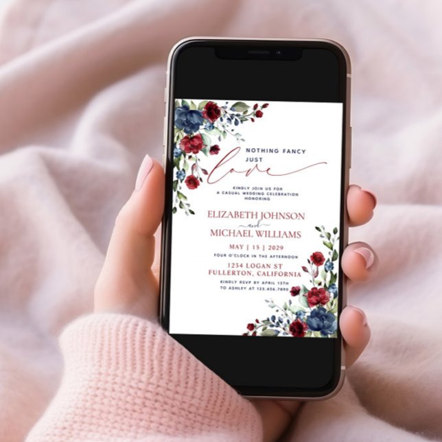 Nothing Fancy Just Love Navy Blue Burgundy Photo Invitation (Creator Uploaded)