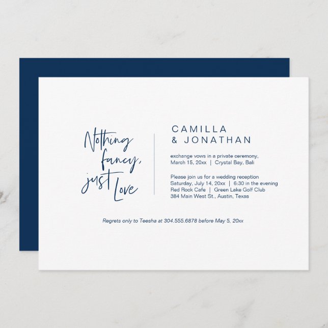 Nothing Fancy, Just Love, Navy Blue, Elopement Invitation (Front/Back)