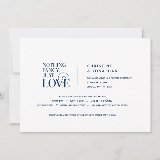 Nothing Fancy, Just Love, Navy Blue, Elopement Invitation (Front)