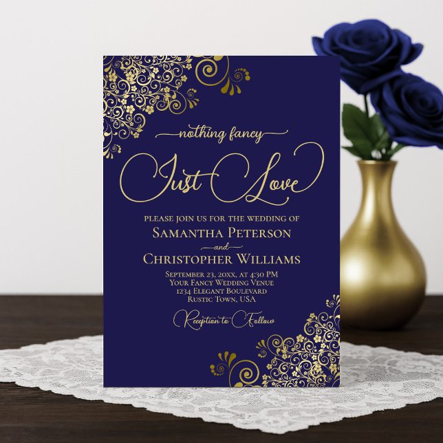Nothing Fancy Just Love Navy Blue & Gold Wedding Invitation (Creator Uploaded)